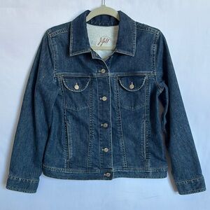 J. Jill Women's Sz S Classic Indigo Jean Jacket Embroidered trim Stretch